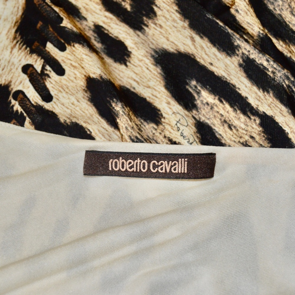 ๐ฎ๐น Roberto Cavalli Brown Animal Print Brooch Detail One Shoulder Dress Size 4 - Picture 13 of 15